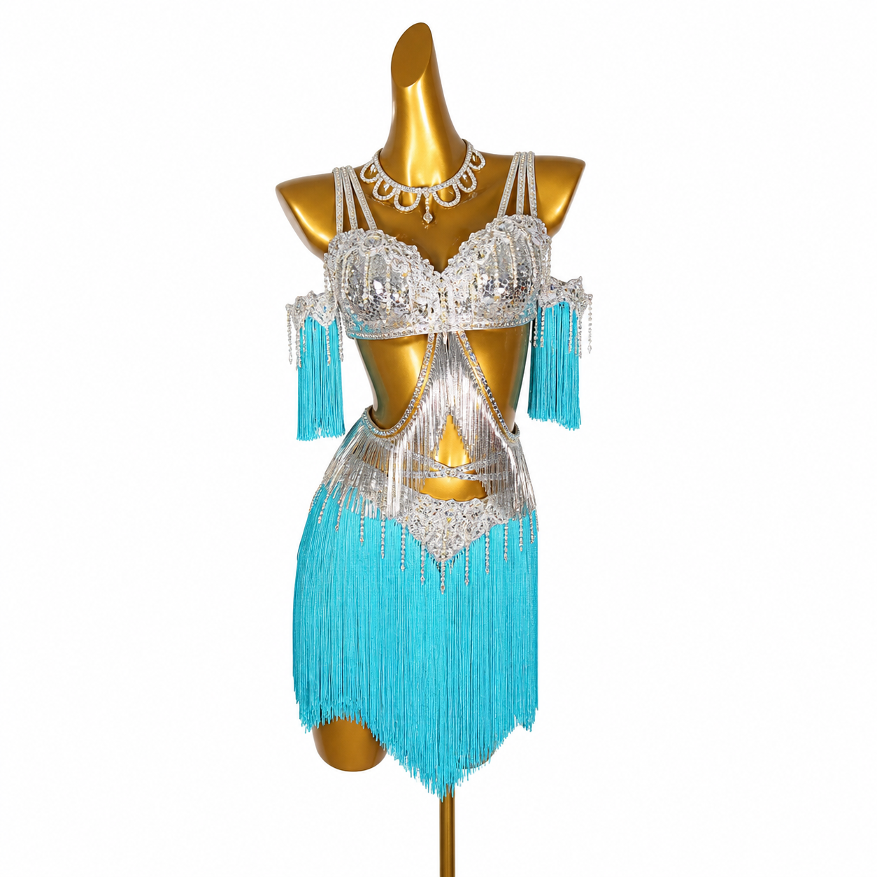 Custom Light Blue Fringe Cut‑Out Waist Latin Dance Competition Dress