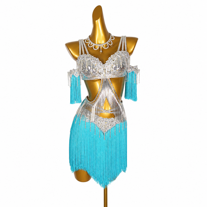 Custom Light Blue Fringe Cut‑Out Waist Latin Dance Competition Dress