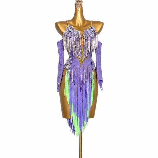 Custom Lavender Neon Green Fringe Latin Dance Competition Dress