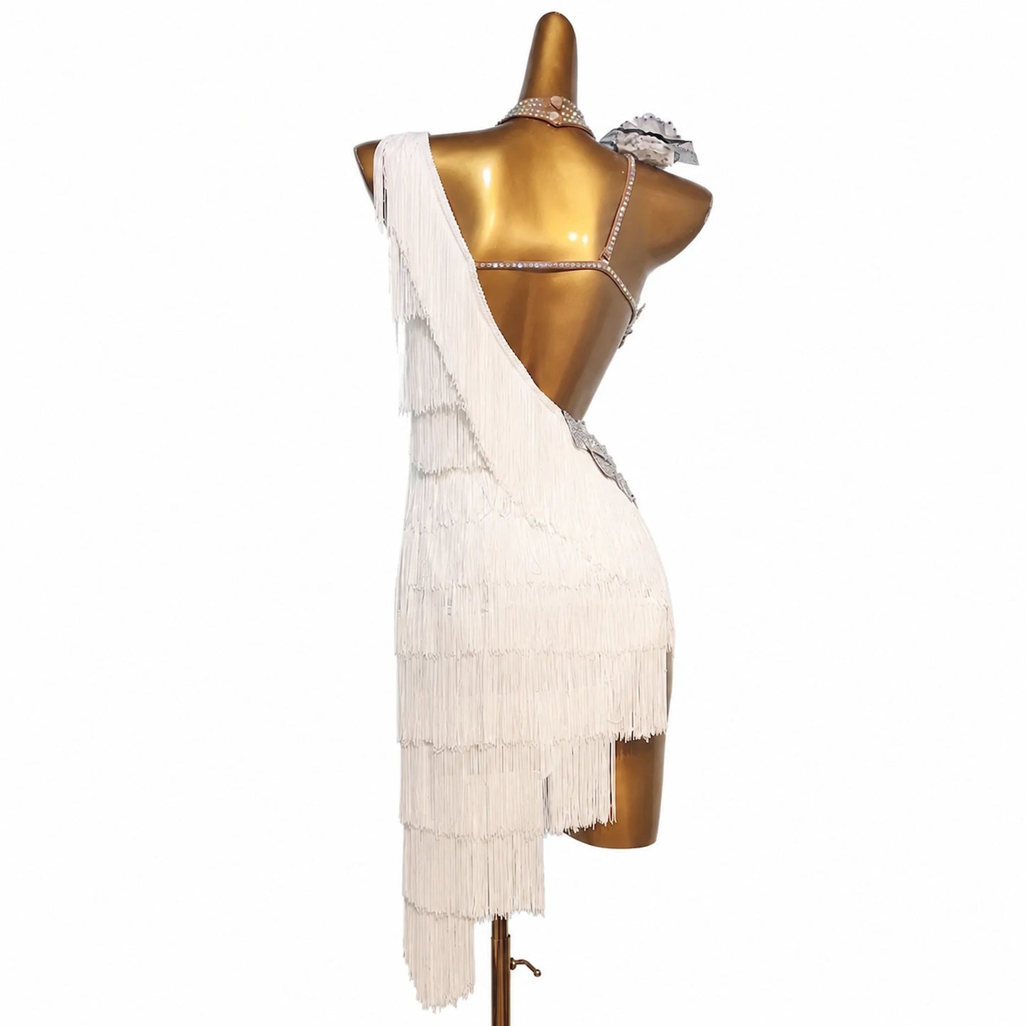 Custom White Geometric Rhinestone Fringe Latin Competition Dress