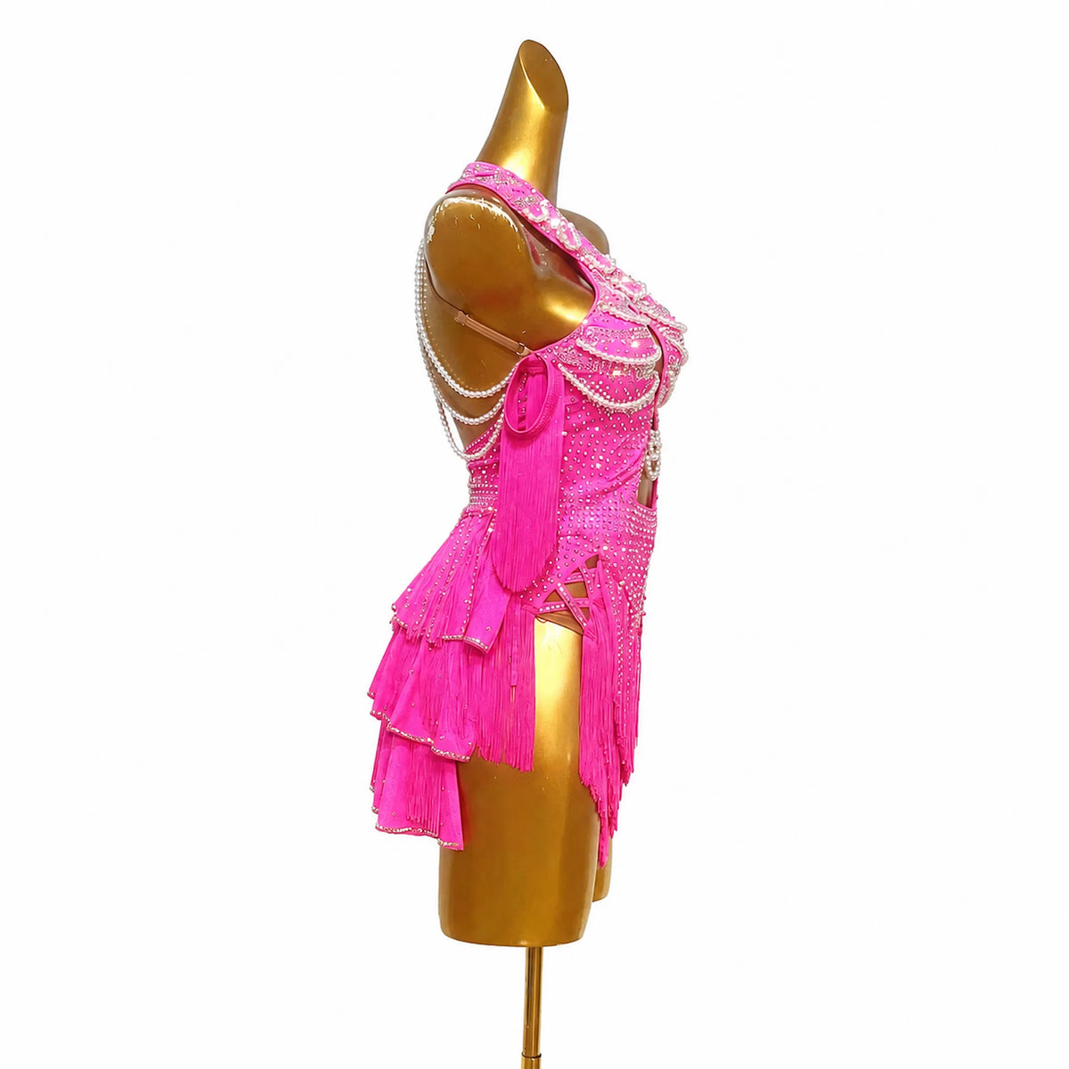 Custom Magenta Pearl Crystal Fringe Latin Competition Dress