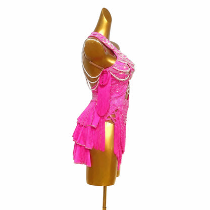 Custom Magenta Pearl Crystal Fringe Latin Competition Dress