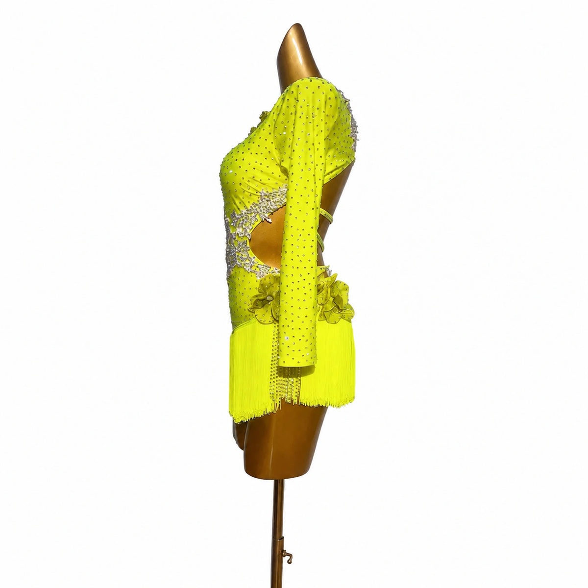 Custom One-Shoulder Rhinestone Yellow Latin Performance Dress