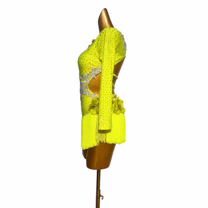 Custom One-Shoulder Rhinestone Yellow Latin Performance Dress