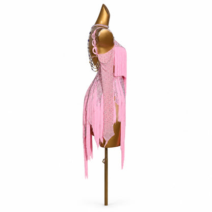 Custom Dynamic Pink Fringe Latin Competition Dress