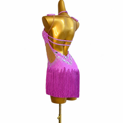 Custom Fuchsia Fringe Latin Competition Dress