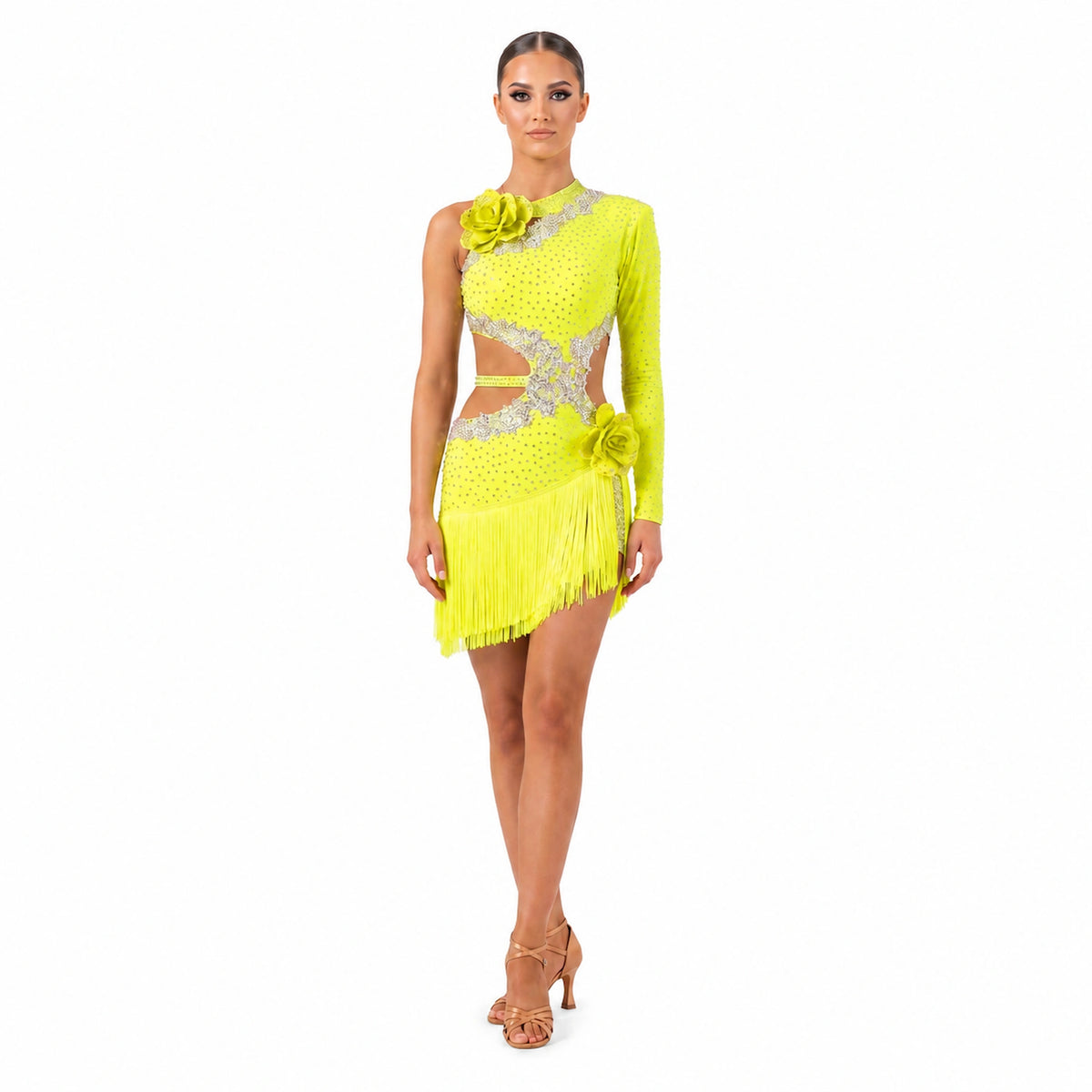 Custom One-Shoulder Rhinestone Yellow Latin Performance Dress