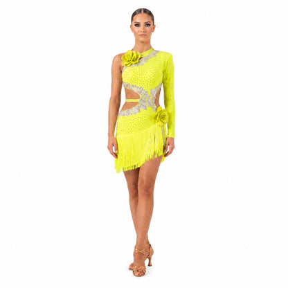 Custom One-Shoulder Rhinestone Yellow Latin Performance Dress