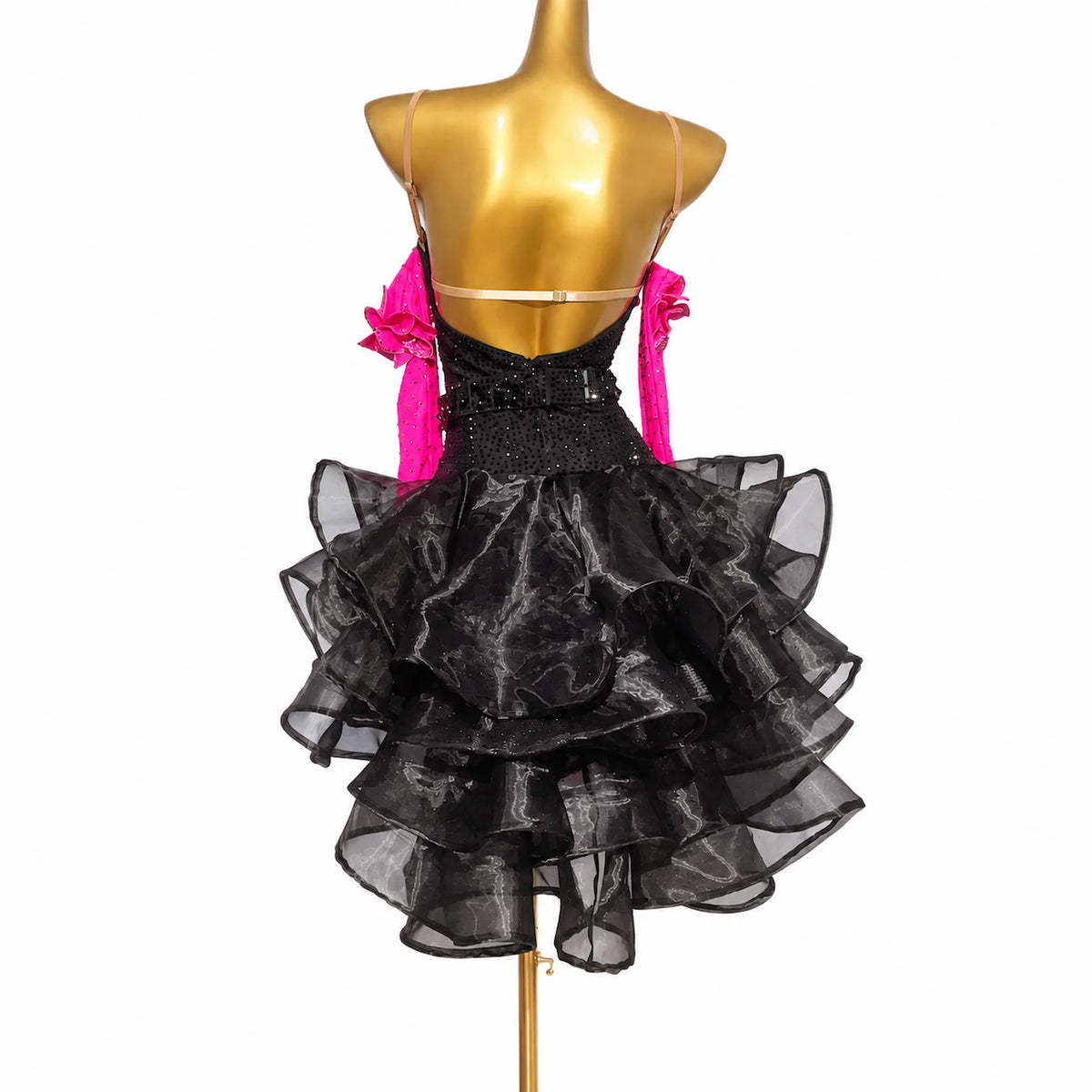 Custom Black & Hot Pink Rhinestone Fringe Latin Dance Competition Dress