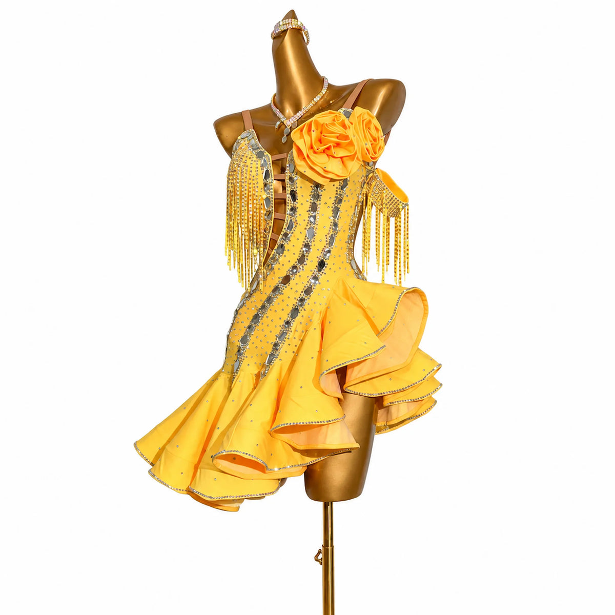 Custom Yellow Floral Fringe Stone Latin Competition Dress