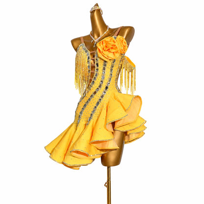 Custom Yellow Floral Fringe Stone Latin Competition Dress
