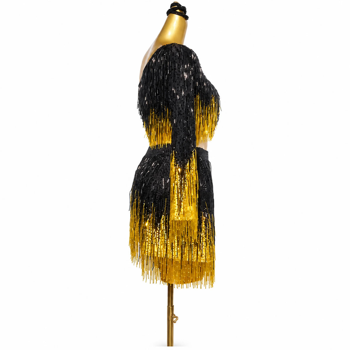 Customizable Gradient Black & Yellow Fringe Two-Piece Latin Dress