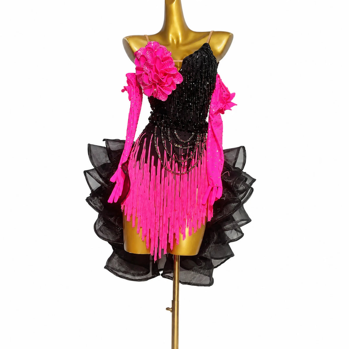 Custom Black & Hot Pink Rhinestone Fringe Latin Dance Competition Dress
