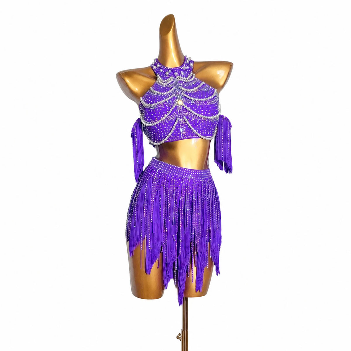 Custom Purple Rhinestone Fringe Two-Piece Latin Competition Dress
