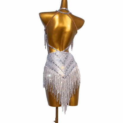 Customizable White Silver Glow Latin Dance Competition Dress