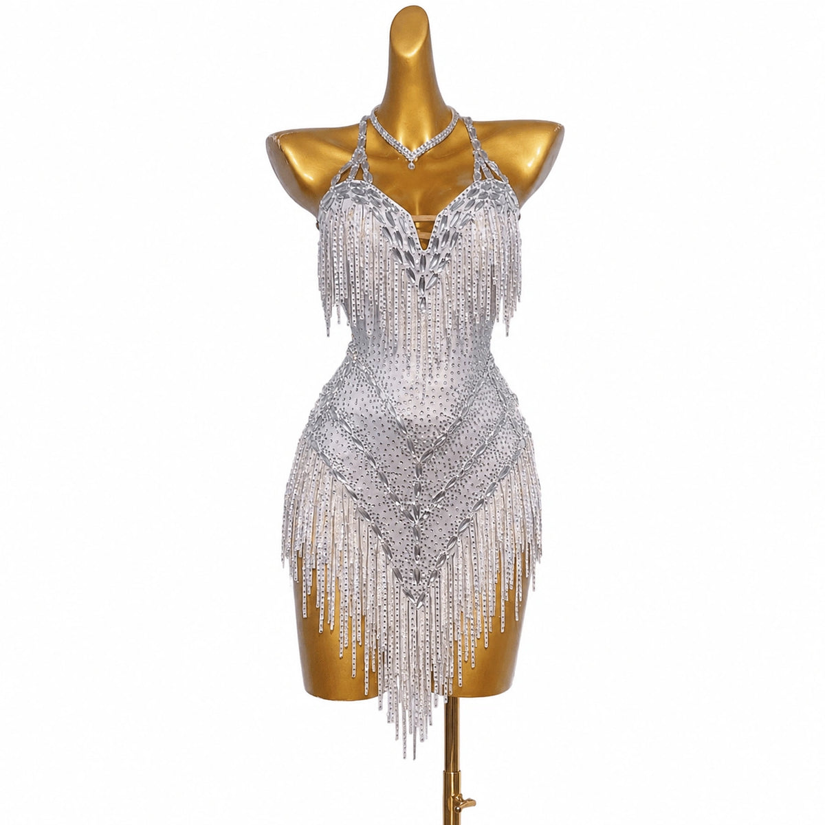 Customizable White Silver Glow Latin Dance Competition Dress