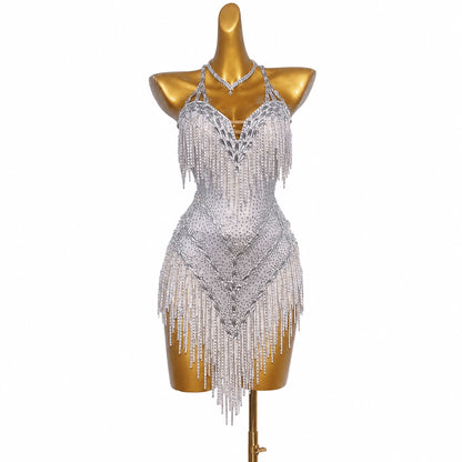 Customizable White Silver Glow Latin Dance Competition Dress