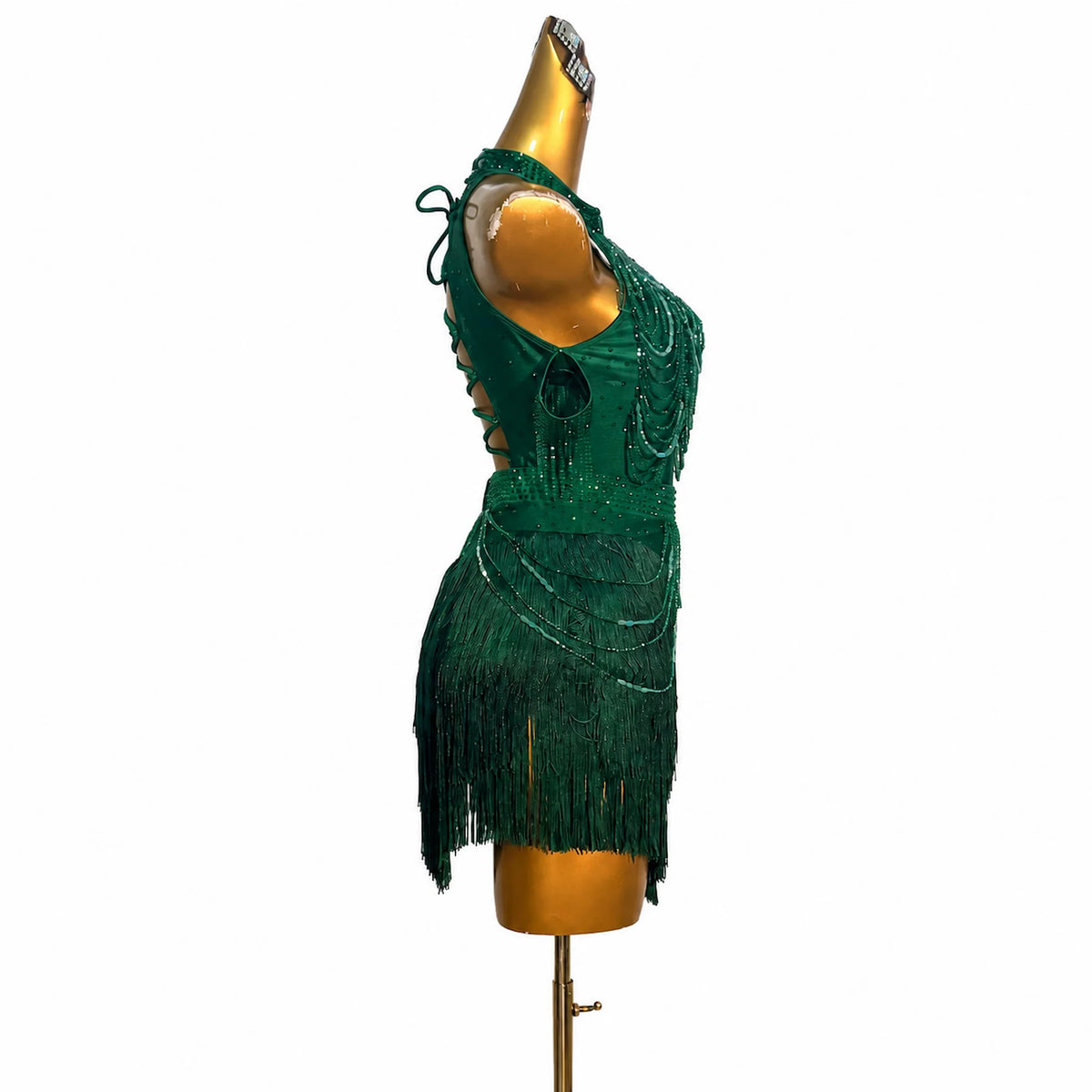 Custom Dark Green Halter Rhinestone Fringe Latin Competition Dress