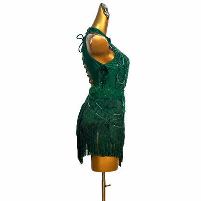 Custom Dark Green Halter Rhinestone Fringe Latin Competition Dress