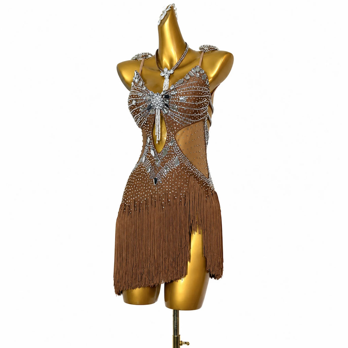 Custom Brown Cutout Stone Fringe Latin Competition Dress