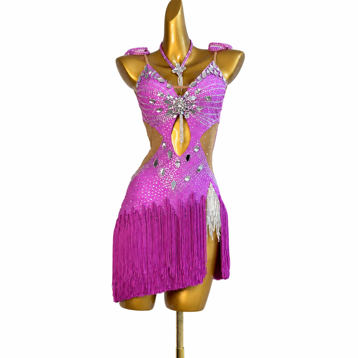Custom Fuchsia Fringe Latin Competition Dress