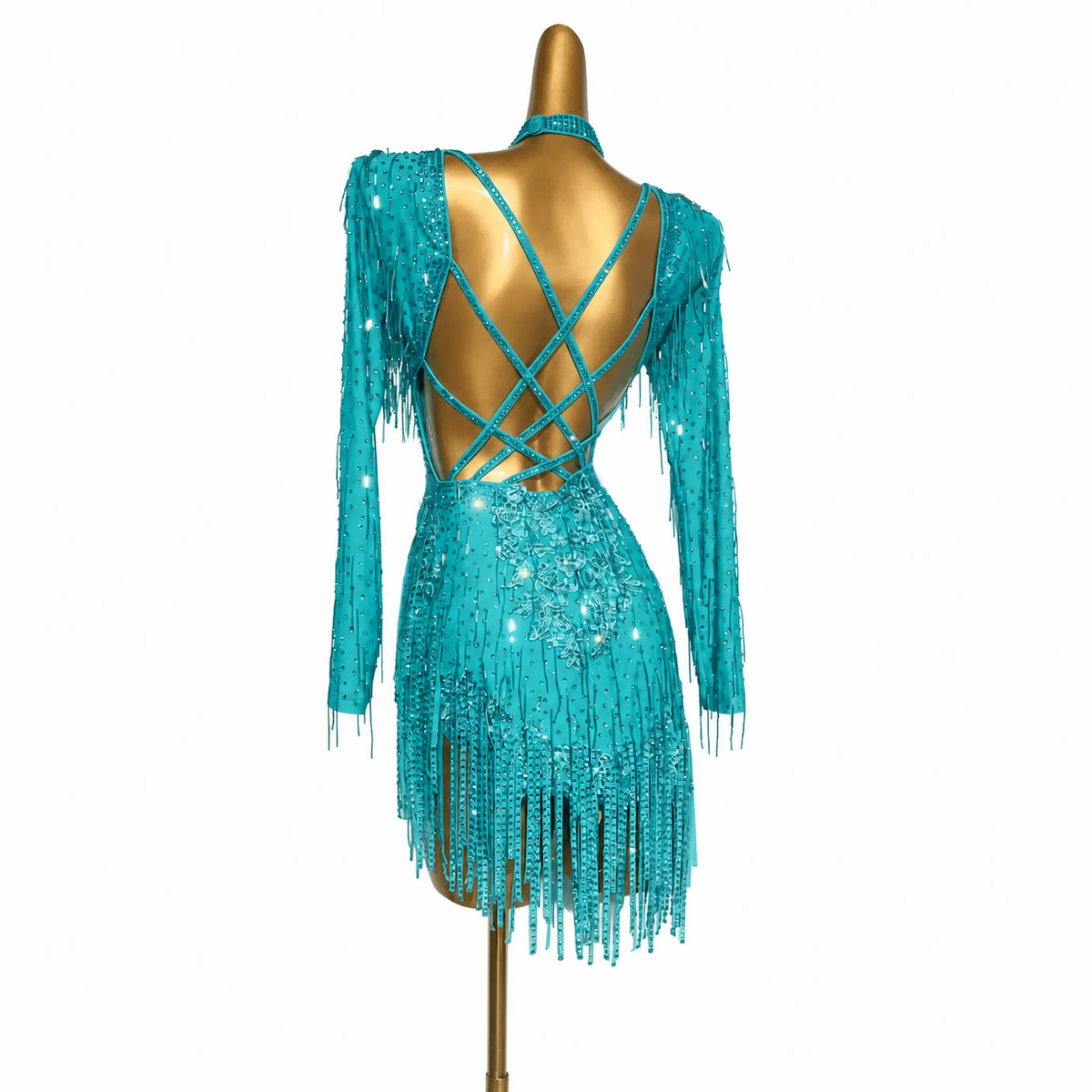 Custom Turquoise Fringe Latin Competition Dress