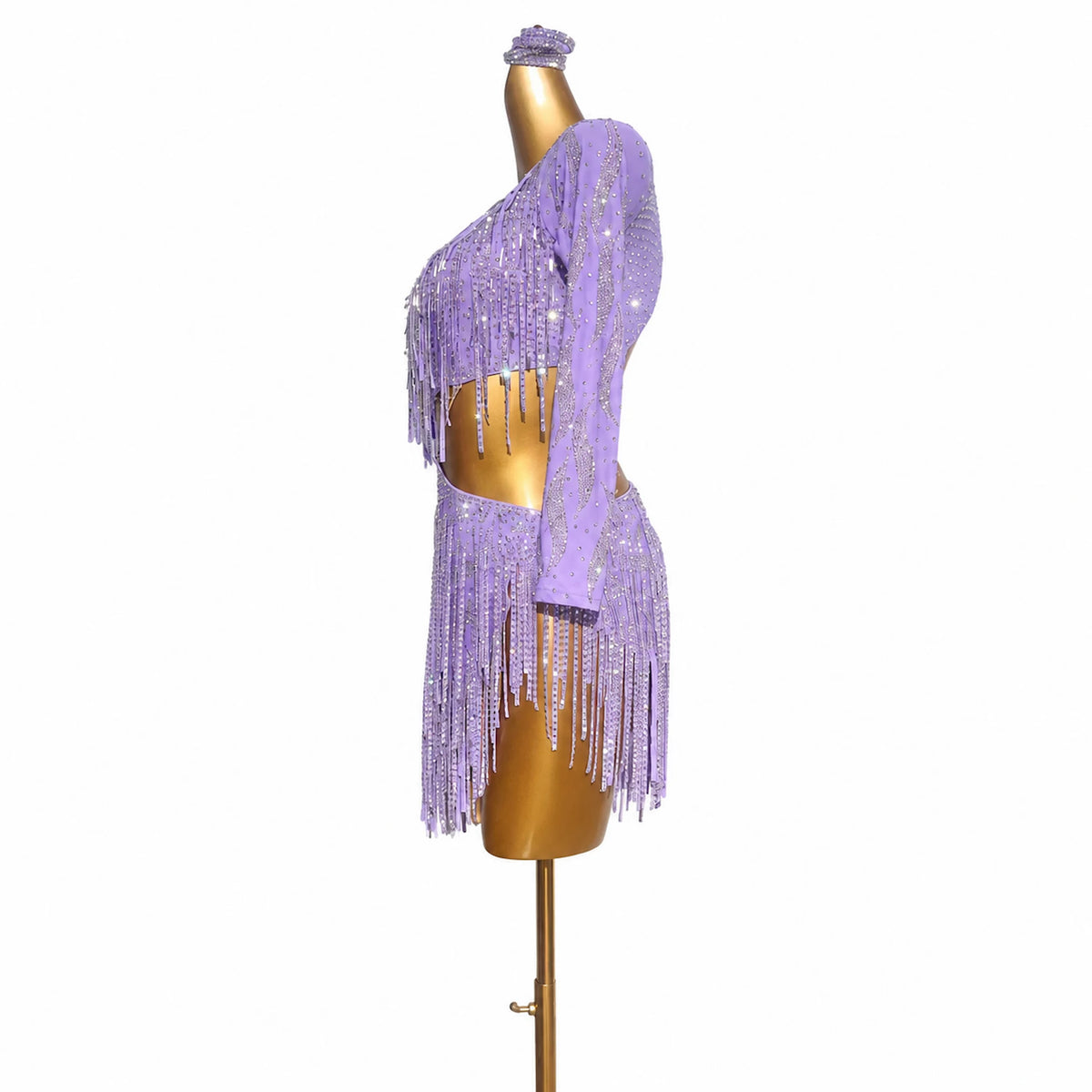 Custom Lilac Single Sleeve Cutout Fringe Latin Competition Dress