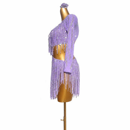 Custom Lilac Single Sleeve Cutout Fringe Latin Competition Dress