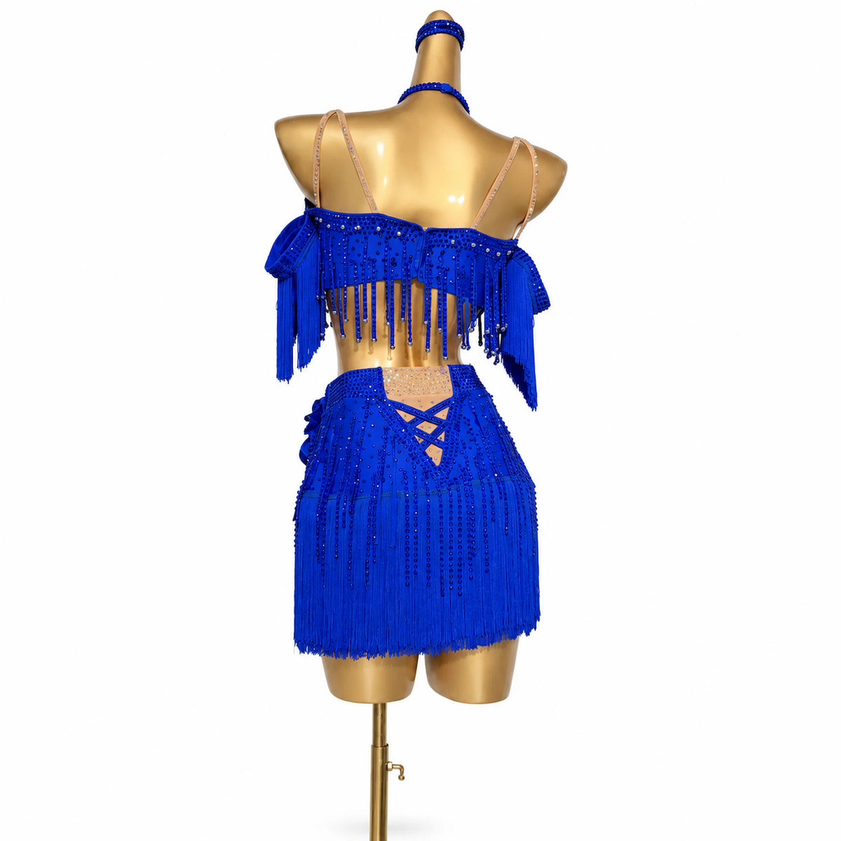 Custom Royal Blue Crisscross Floral Fringe Latin Competition Dress