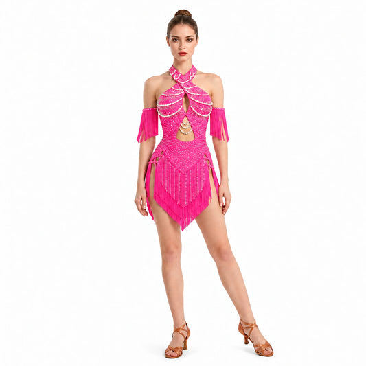 Custom Magenta Pearl Crystal Fringe Latin Competition Dress