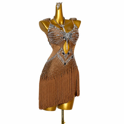Custom Brown Cutout Stone Fringe Latin Competition Dress