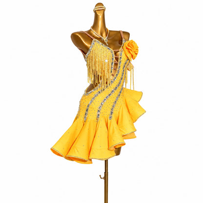Custom Yellow Floral Fringe Stone Latin Competition Dress