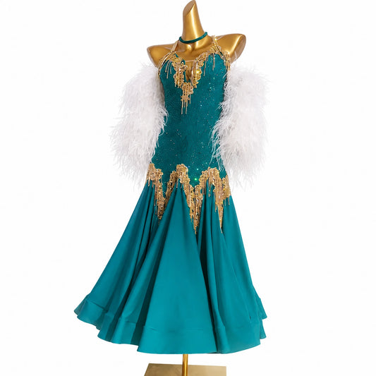 Custom Green Feather Sleeve Gold Crystals Ballroom Smooth Dance Dress