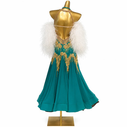 Custom Green Feather Sleeve Gold Crystals Ballroom Smooth Dance Dress