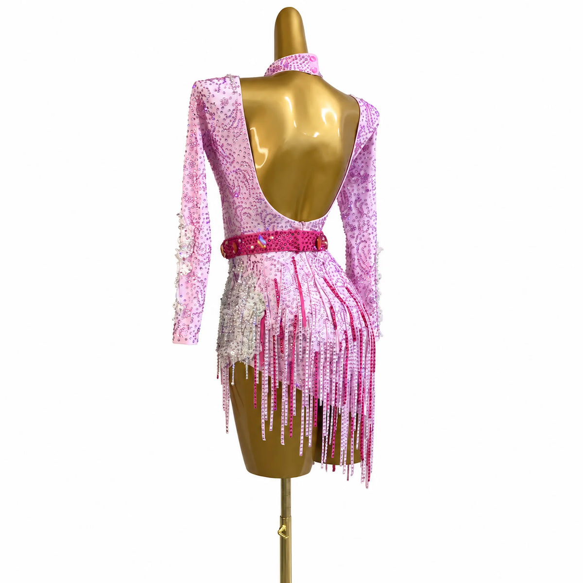 Custom Pastel Pink Long Sleeve Crystal Fringe Latin Competition Dress