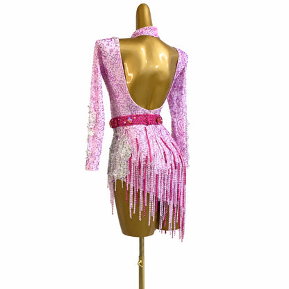 Custom Pastel Pink Long Sleeve Crystal Fringe Latin Competition Dress