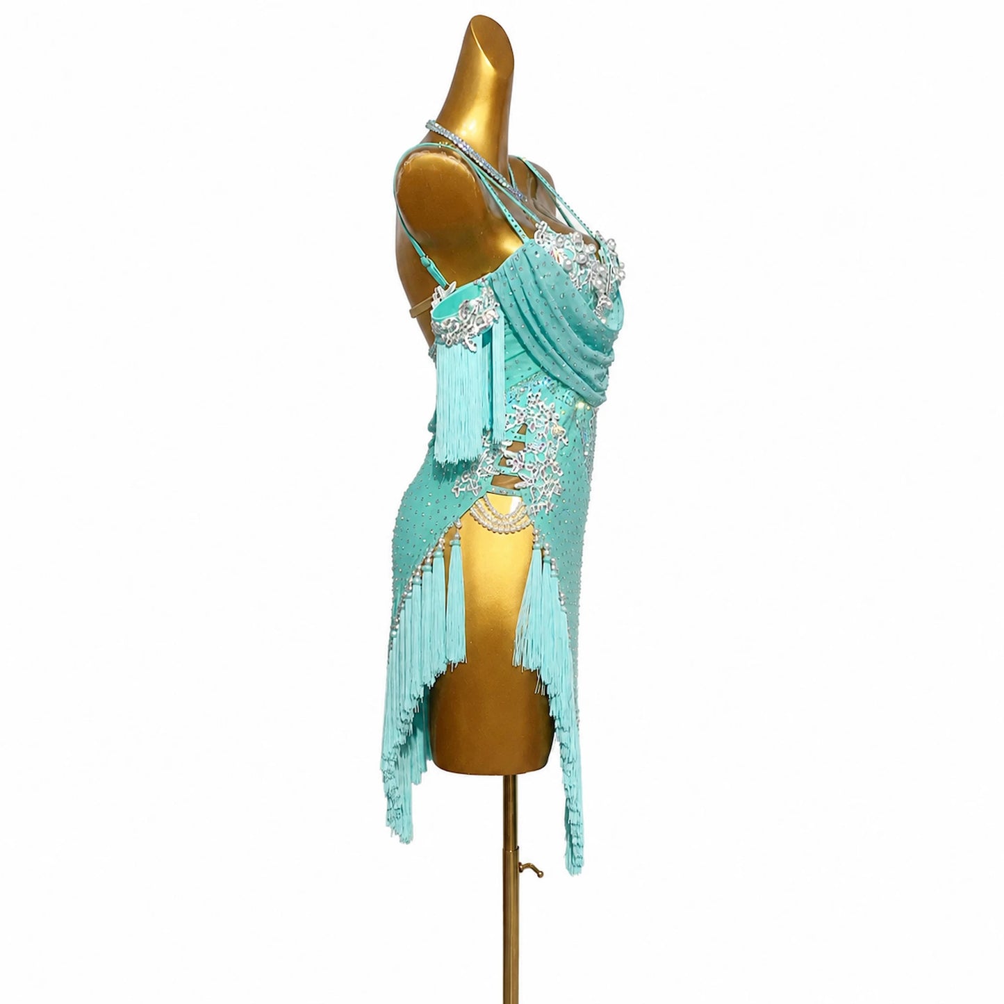 Custom Turquoise Off Shoulder Pearl Rhinestone Fringe Latin Competition Dress