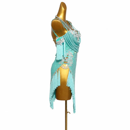 Custom Turquoise Off Shoulder Pearl Rhinestone Fringe Latin Competition Dress