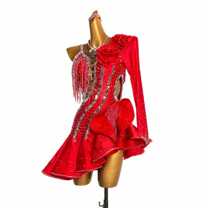 Custom Red Asymmetrical Ruffle Latin Dance Dress