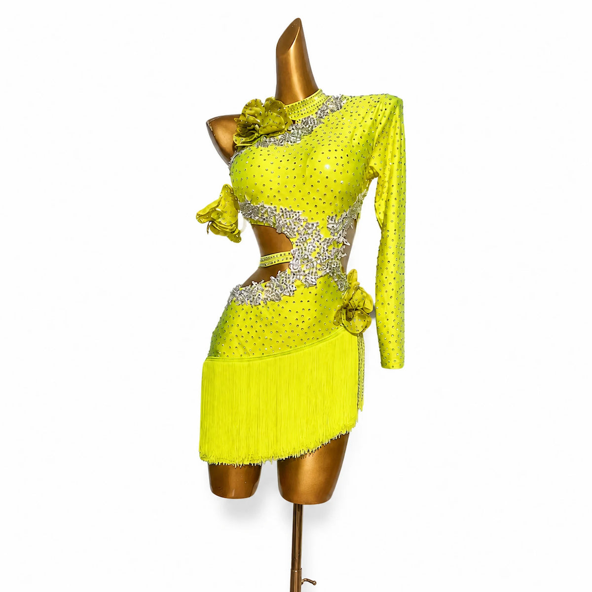 Custom One-Shoulder Rhinestone Yellow Latin Performance Dress