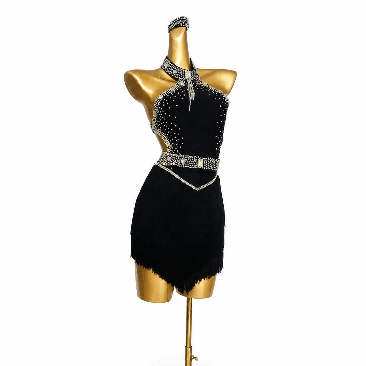 Custom Black Halter Rhinestone Fringe Latin Dance Competition Dress