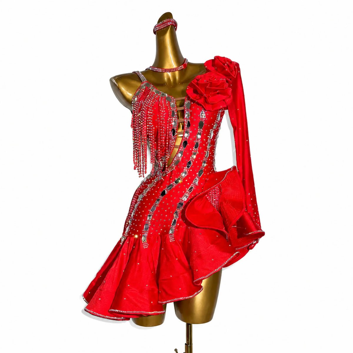 Custom Red Asymmetrical Ruffle Latin Dance Dress