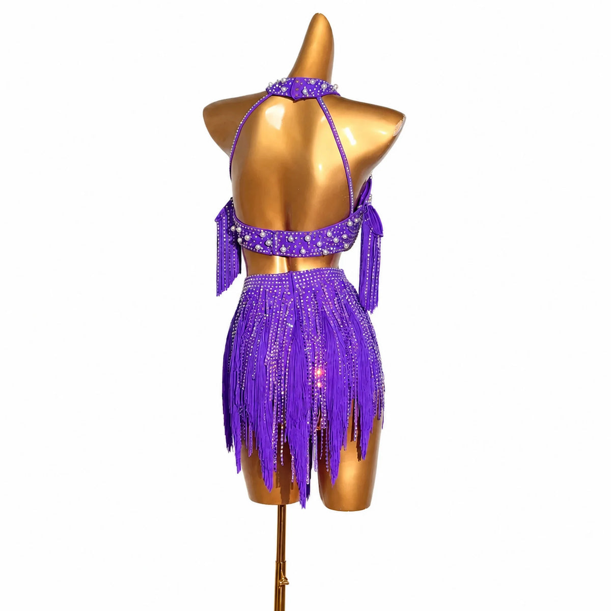 Custom Purple Rhinestone Fringe Two-Piece Latin Competition Dress