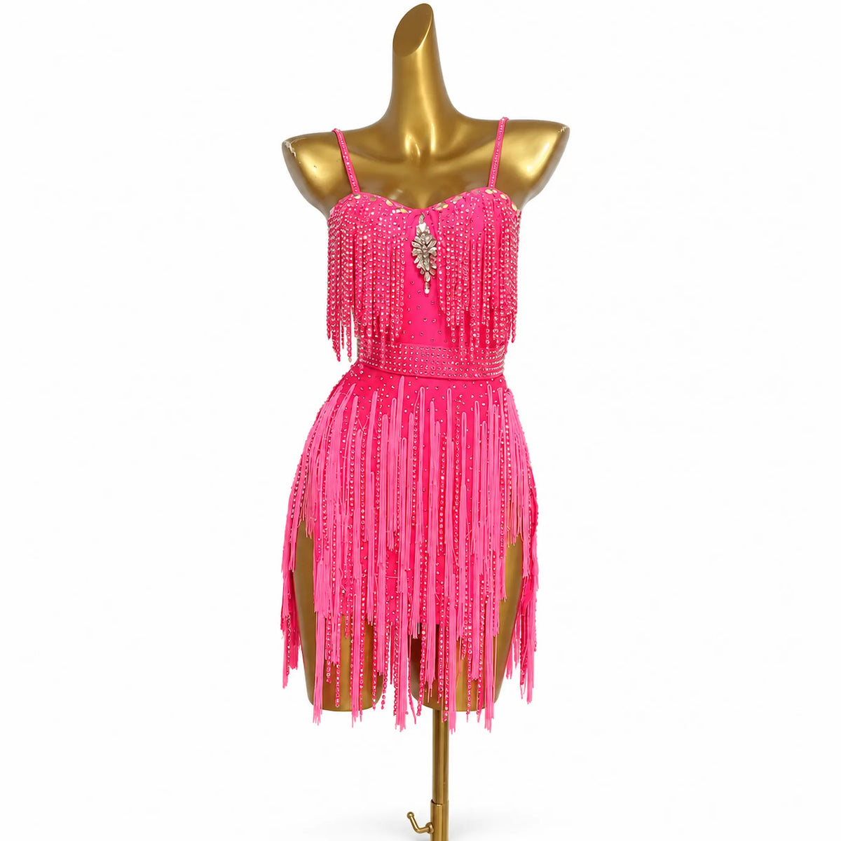 Custom Hot Pink Spaghetti Strap Stone Fringe Latin Competition Dress