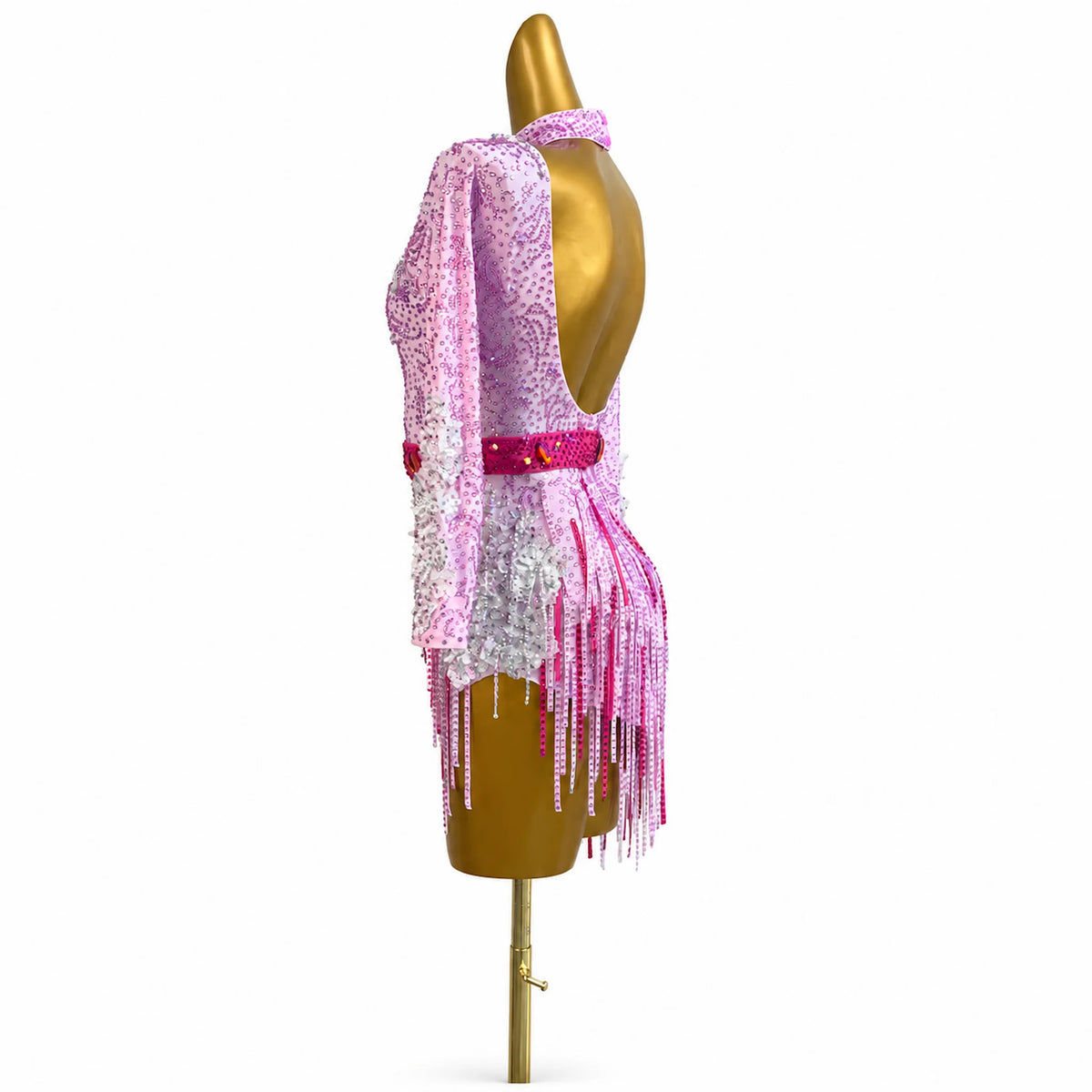 Custom Pastel Pink Long Sleeve Crystal Fringe Latin Competition Dress