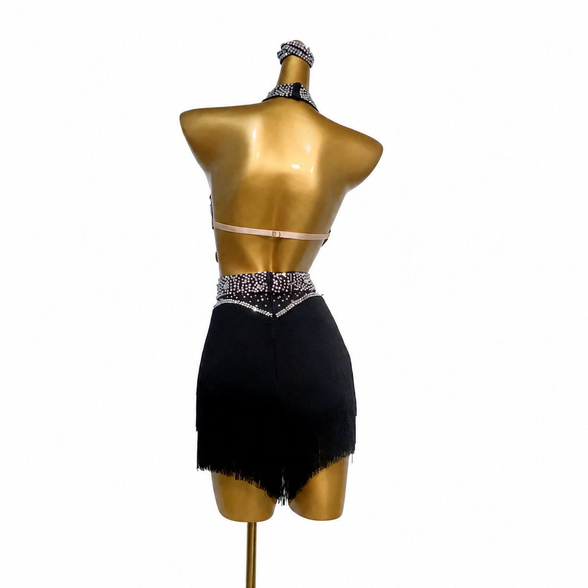 Custom Black Halter Rhinestone Fringe Latin Dance Competition Dress