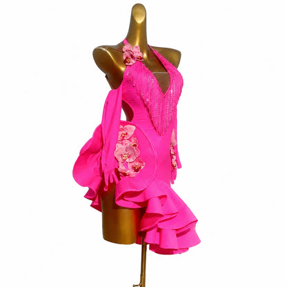 Custom Hot Pink Orchid Ruffle Latin Competition Dress