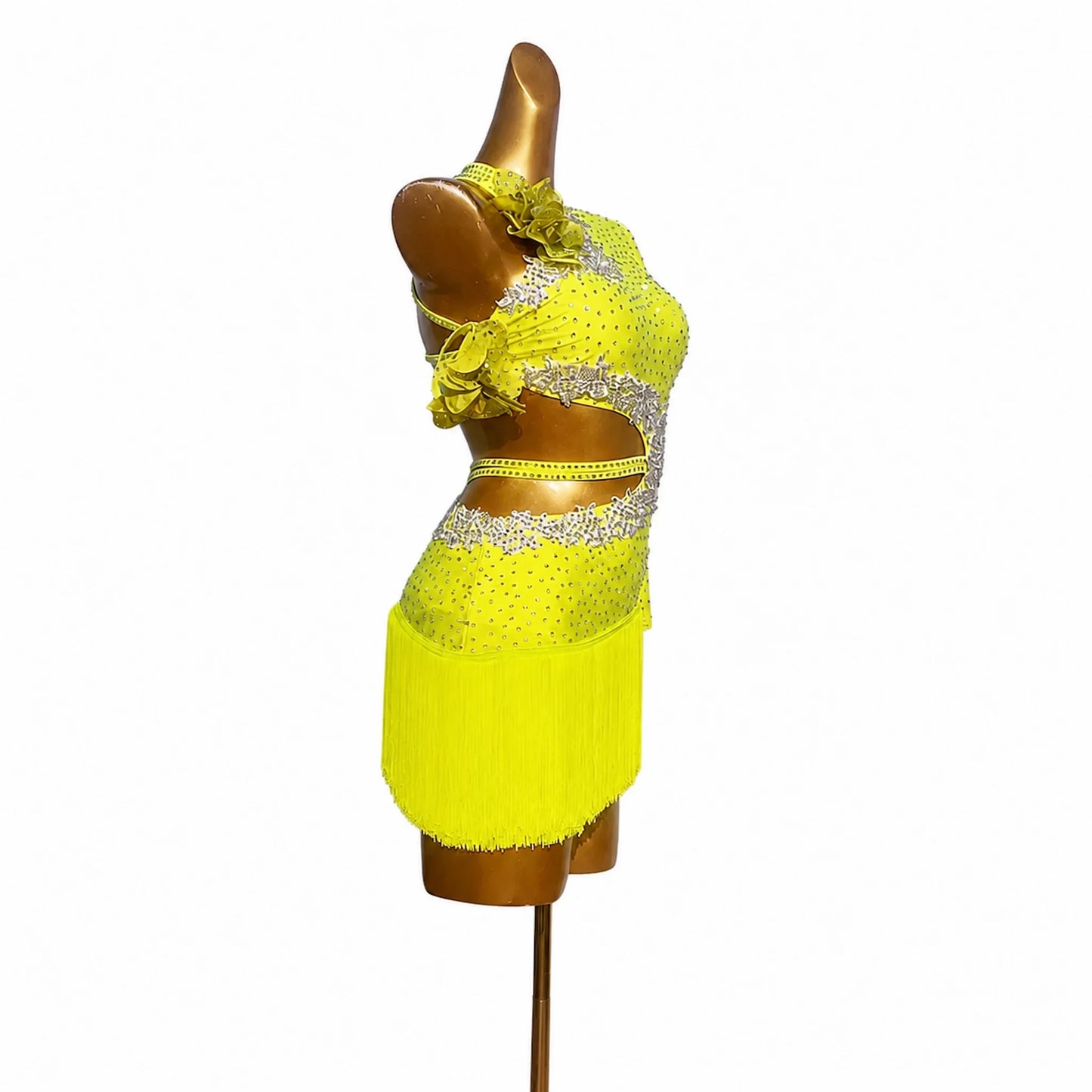 Custom One-Shoulder Rhinestone Yellow Latin Performance Dress