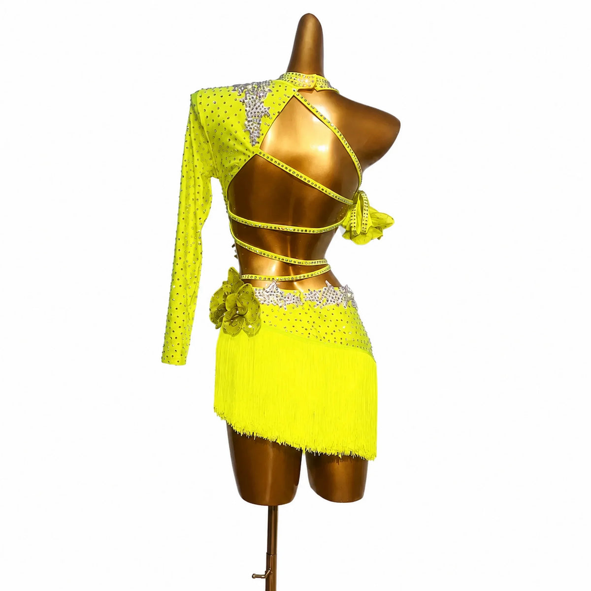 Custom One-Shoulder Rhinestone Yellow Latin Performance Dress