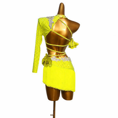 Custom One-Shoulder Rhinestone Yellow Latin Performance Dress